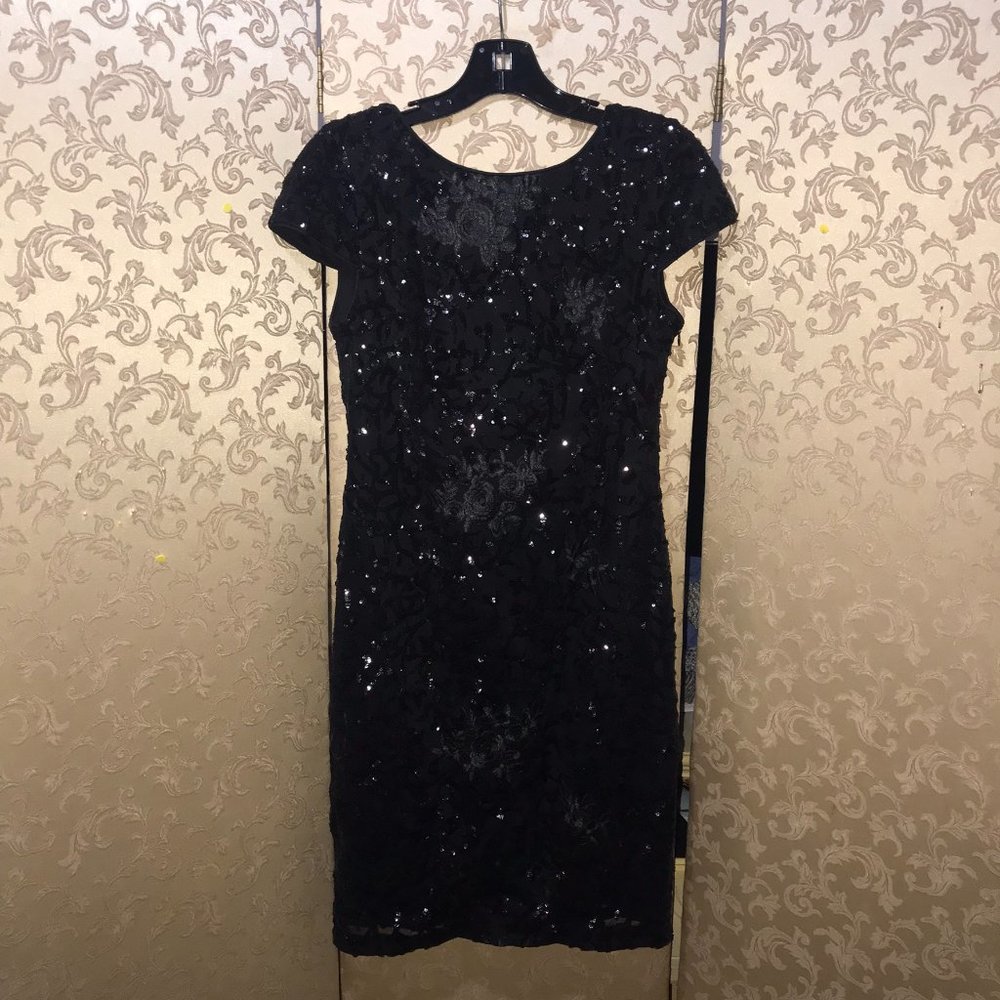 Calvin Klein Black Roses Floral Embroidered Sequin Draped Back Dress Size 8